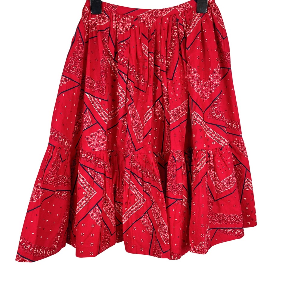 Womens SZ S Bandana Paisley Tiered Midi Skirt Red Cotton Western Cottagecore